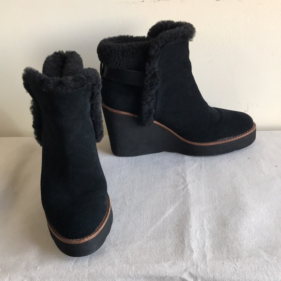 Coach size 8B Wedge Bootie Kingston black suede fun fur wedge heel bootie turn k - Picture 10 of 13